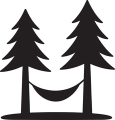 Fototapeta premium Silhouette vector of a hammock in the forest between trees, ideal for relaxation, camping, nature, outdoor leisure, and peaceful getaway themes.