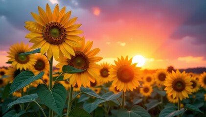 Obraz premium Tall sunflowers facing setting sun, intense colors , vibrant, field, evening