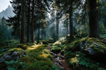 Obraz premium Misty mountain forest path. Sunlight filters through tall trees