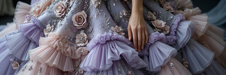 The image depicts a luxurious, ruffled ball gown with intricate floral embellishments, a woman's hand resting on the fabric, and a soft, dark background highlighting its elegance and craftsmanship.