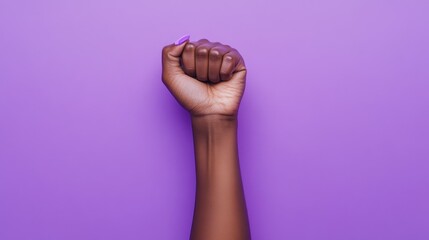 Raised purple fist of a woman for International Women's Day and the feminist movement