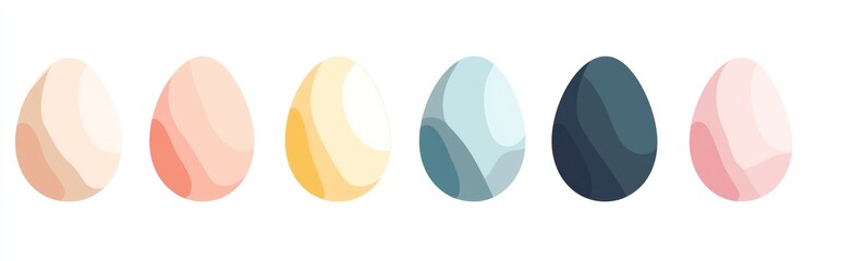 Set of pastel-colored Easter eggs in flat design, each in a similar shade, on white backdrop,,,