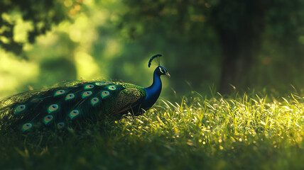 Obraz premium A wild peacock walking through tall grass with shimmering tail feathers blending into its natural surroundings