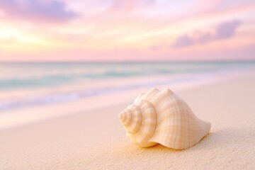 Serene seashell on sandy beach at sunset with vibrant sky and tranquil ocean, summary sea