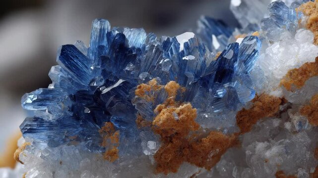 Close-up of blue crystal formations on white mineral deposits with earthy, orange mineral growths, showcasing natural textures.
