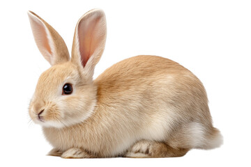 Obraz premium Crouching rabbit with soft beige coat sensing movement in nature wildlife photography, isolated on transparent background