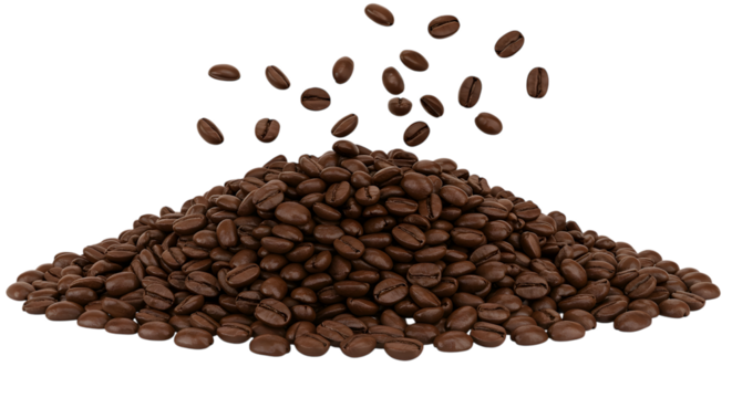 Roasted Coffee Beans Falling onto a Large Pile Isolated on Black Background