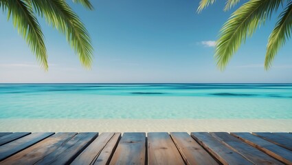 Serene Tropical Beach Scene Wooden Dock, Turquoise Water, Palm Trees