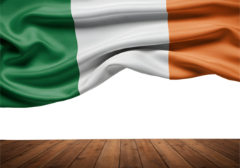 Irish flag waving above a wooden floor background