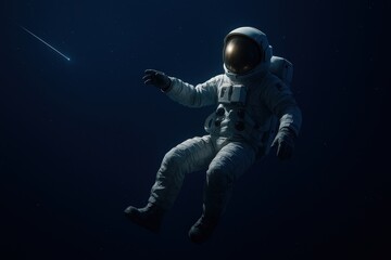 Fototapeta premium An astronaut floats in deep space with a shooting star visible in the dark, star-filled background.