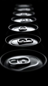 Precision in Detail: Vertical Line of Aligned Can Tops with Sharp Tab Openings Fading to Black Background