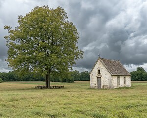 Obraz premium A small stone church stands near a large green tree in a field