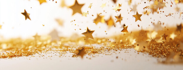 Gold stars falling on a white background, confetti