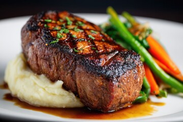 Delicious grilled steak served with mashed potatoes and vegetables.