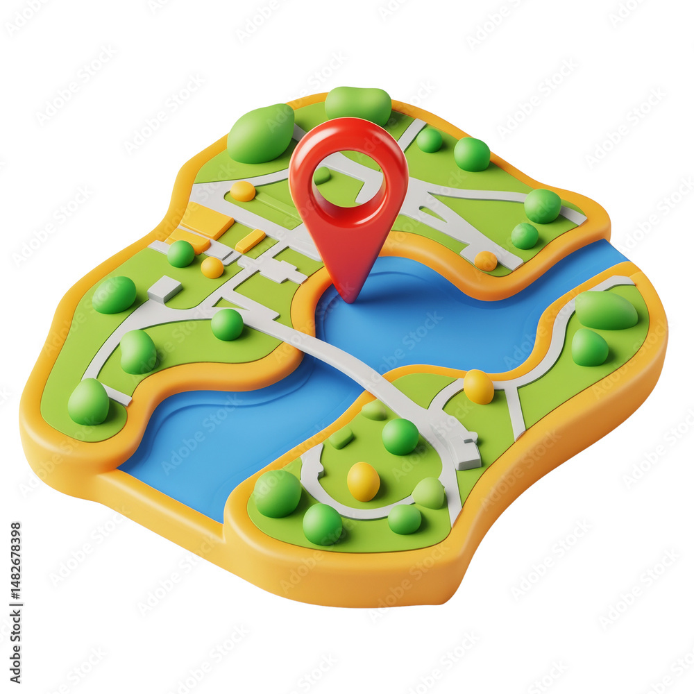 Poster stylized city map with a vibrant red location pin for destinations and gps