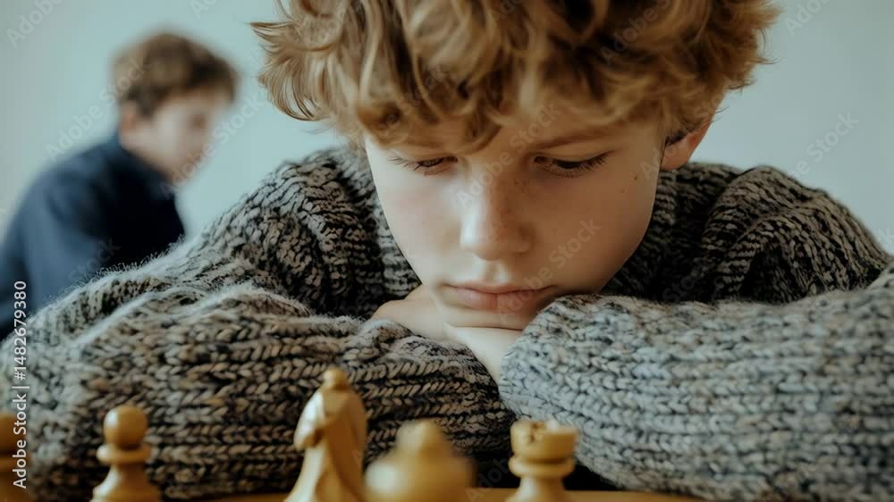Poster young boy with curly hair concentrating on his next move during a chess game, developing strategic t