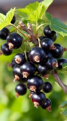 Fresh black currant berry cluster growing on branch with green leaves. Ripe fruit on bush ready for harvest in summer garden. Healthy food and ingredient concept.