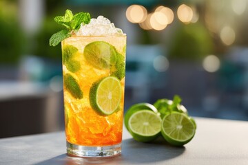 Refreshing citrus beverage with ice and mint garnishment.