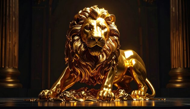 Golden Lion Statue: A majestic gold lion statue embodies power and regality, its form exuding strength and sophistication. The lion sits proudly.