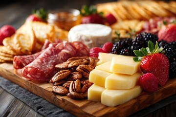 Delicious assortment of cheeses, meats, and fruits on a wooden platter.