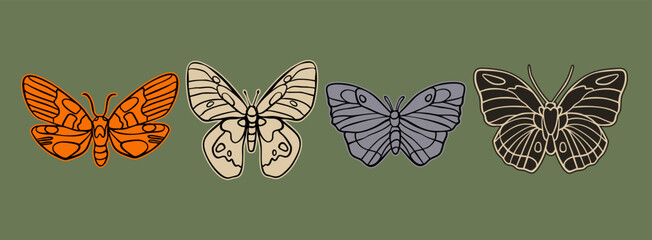 Fototapeta na wymiar Various colorful Butterflies, moths. Abstract simple shapes. Hand drawn modern Vector illustration. Isolated design elements. Poster, logo, sticker, print, design templates