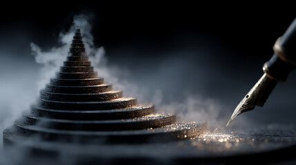 dark and atmospheric still life photograph of a stack of books arranged in a spiral shape, with a pen pointing towards the center, representing the pursuit of knowledge,