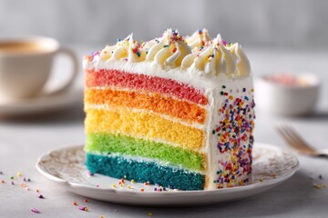 Colorful layered cake slice with creamy frosting and sprinkles.