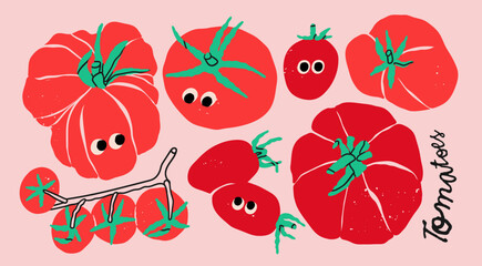 Various fresh, juicy tomatoes. Red tomatoes, cherry tomatoes on a branch. Cute characters with eyes. Hand drawn modern Vector illustration. Isolated design elements. Healthy, natural food concept