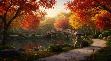 Serene Autumn Park with Bridge, Pond, and Stone Lanterns