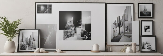 Modern photo collage frame mockup; various sizes & orientations, clean aesthetic,  colorful,  angles