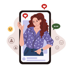 A cute girl waves her hand from the smartphone screen. Communication online. Social media communication. Posting on social media, blogging. Vector illustration in the flat style