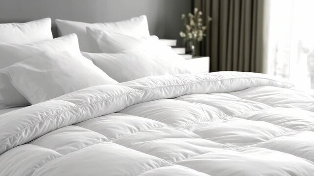 Bright and cozy hotel bed with white fluffy duvet, soft pillows, and natural light streaming through the window, surrounded by dried plants for a serene morning atmosphere