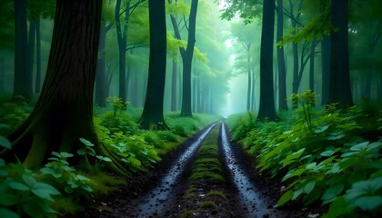 Fototapeta premium Forest Path with Trees and Mist