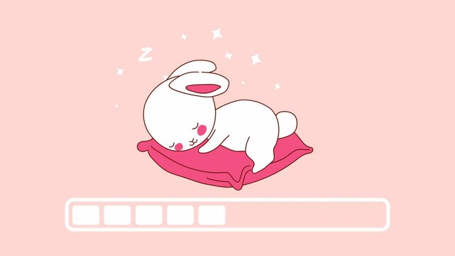 Looping animation of a cute sleeping bunny with a progress bar, cartoon style on transparent background