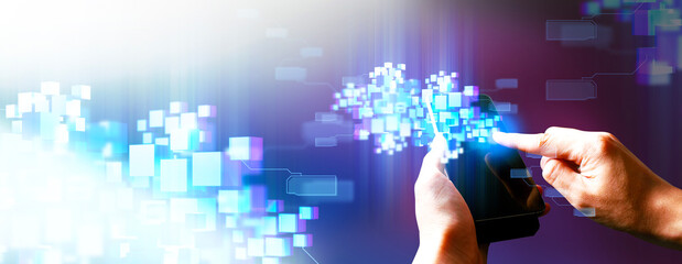 hand of businessman interactive touching a holographic of transaction financial network data...