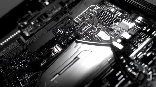 Detailed monochrome macro of a complex modern circuit board with chips and electronic components showcasing intricate design and technology.