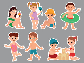 Cartoon kids playing on the beach sticker illustration
