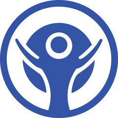 A blue round internet button shows a vector illustration of a female and a male symbol beside a peace symbol, representing people in harmony