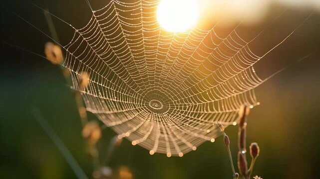 Delicate spider web glistens in the morning sun showcasing nature's intricate design and beauty at dawn in a tranquil outdoor setting