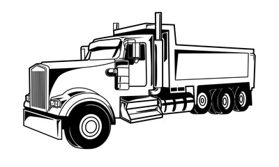 Dump truck or Tipper truck black and white drawing vector illustration isolated
