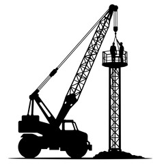 Silhouette of Crane Lifting Worker Platform beside Tower, Black and White, Concept of Access and Elevation in Construction Safety