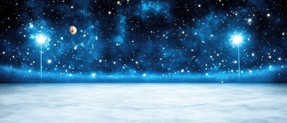 A celestial backdrop with starry skies and moon behind streetlights on a snowy surface