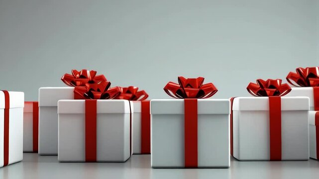 Piles of beautifully wrapped white gifts with bright red ribbons and bows lined up on a reflective surface for holiday season celebrations