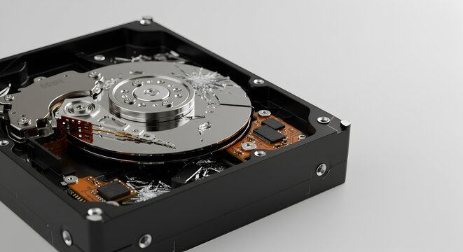 Detailed View of Open Hard Drive Featuring Silver Platter Brown Circuit Board and Black Casing on Clean White Backdrop