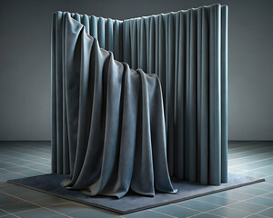 Textile art installation with draped fabric flowing over cylindrical columns in a corner arrangement