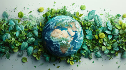 An earth surrounded by vibrant green leaves, symbolizing environmental preservation and growth.