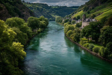 panoramic photograph of the rhine river valley with rolling hills covered in vineyards and charming villages nestled along the riverbanks,