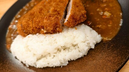 Crispy Fried Chicken Cutlet Served with Steamy White Rice and Savory Curry Sauce on a Rustic Plate