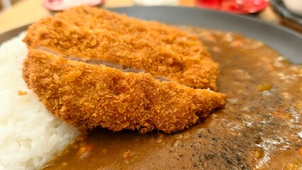 Crunchy Fried Chicken Cutlet Served with Savory Curry Sauce and Steamed White Rice on Dark Plate
