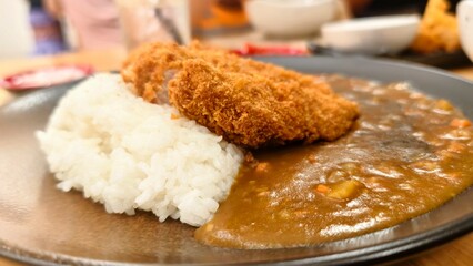 Delicious Japanese Curry Rice with Crispy Fried Chicken Cutlet on a Modern Plate
